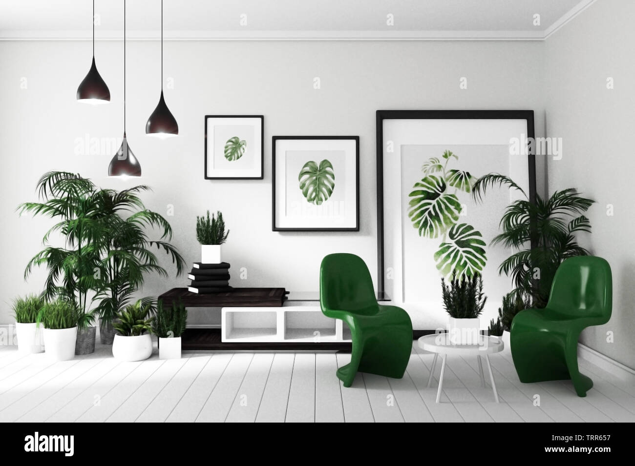 Download Modern Tropical Living Room Interior With Sofa And Green Plants Lamp Table On White And Black Wall Background 3d Rendering Stock Photo Alamy