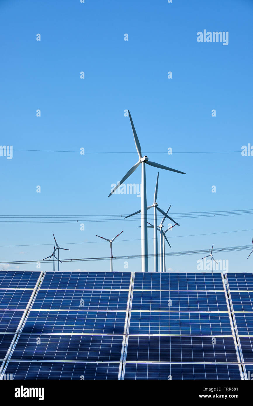 Solar panels, wind turbines and power lines seen in Germany Stock Photo