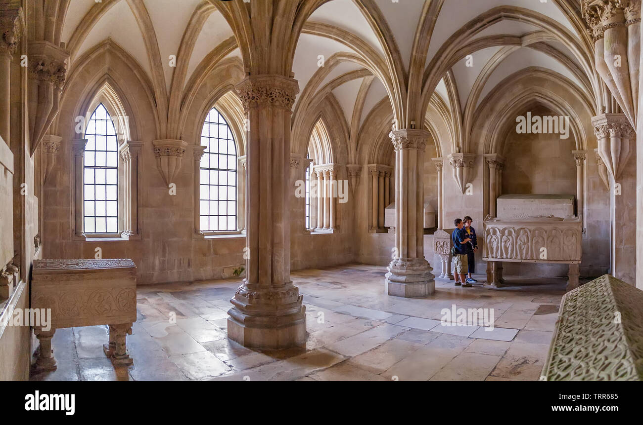 Alcobaca, Portugal - July 17, 2017: Royal Pantheon or Panteao Real aka Sala dos Tumulos in Monastery of Santa Maria de Alcobaca Abbey. Cistercian Reli Stock Photo