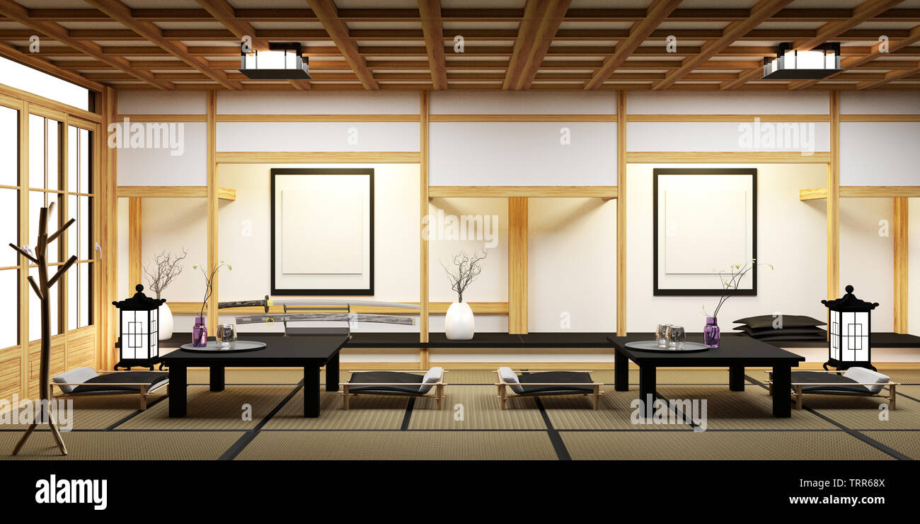 Living Room With Bonsai On Table Low Wood Floor And Tatami Mat