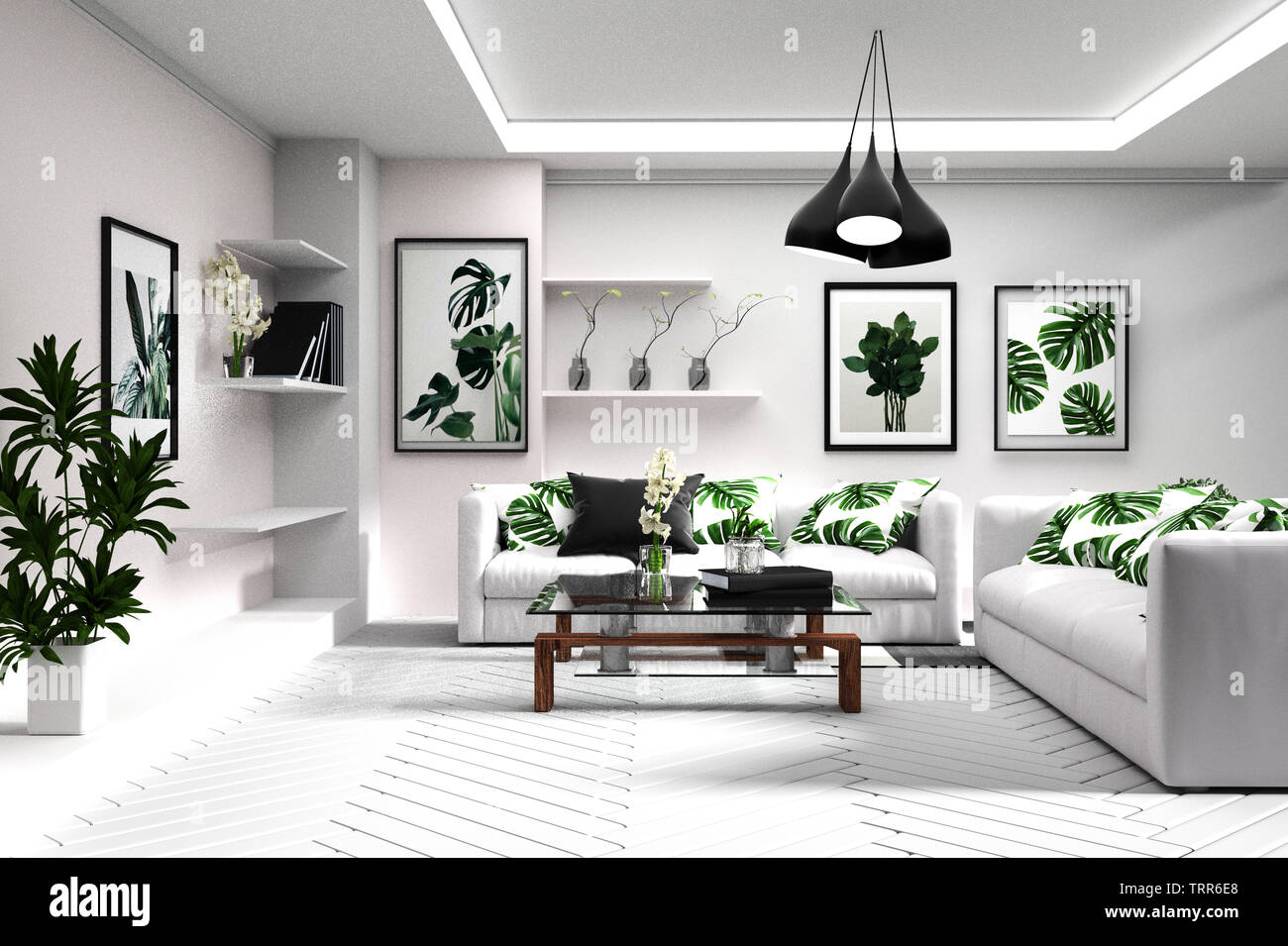 tropical modern living room interior. 3D rendering Stock Photo