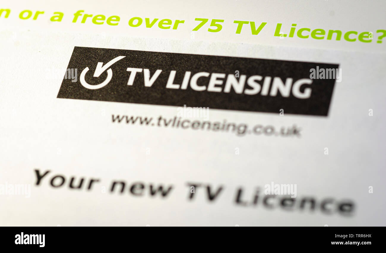 Close up of Television Licence for the United Kingdom, The fee is paid yearly and is used to fund the BBC services Stock Photo
