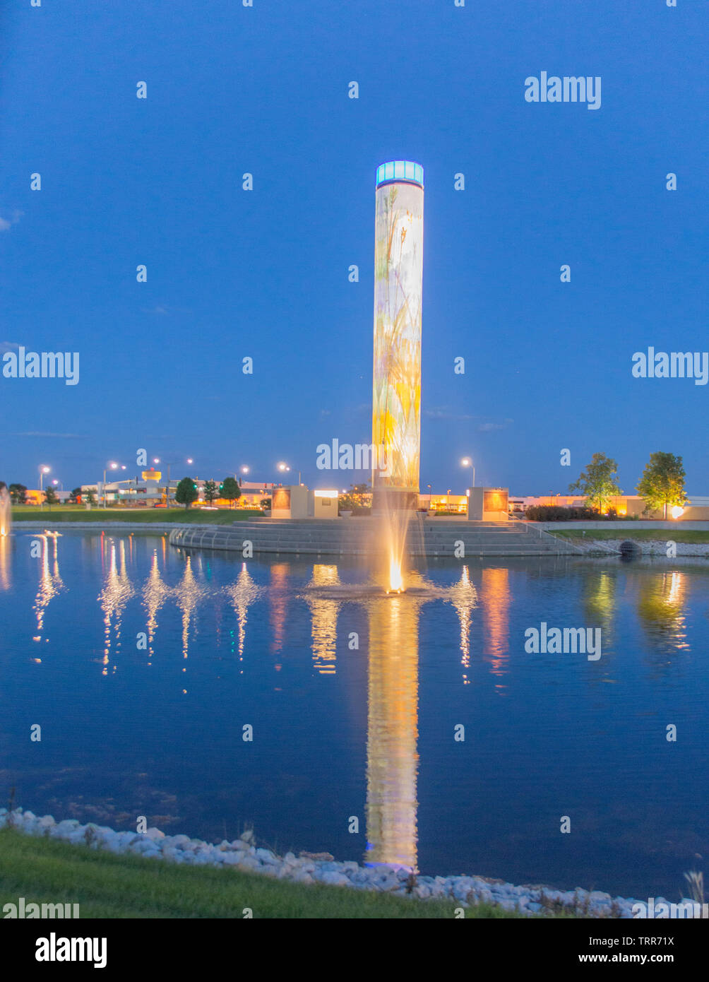 Water Fountain and Light Pillar in Urbandale Iowa Stock Photo