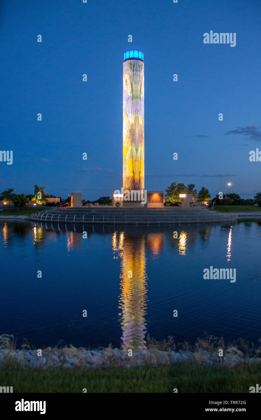 Water Fountain and Light Pillar in Urbandale Iowa Stock Photo