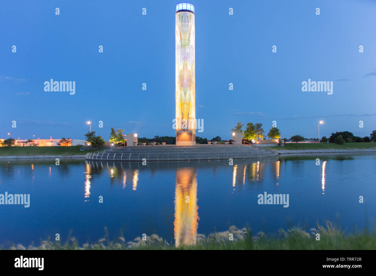 Water Fountain and Light Pillar in Urbandale Iowa Stock Photo