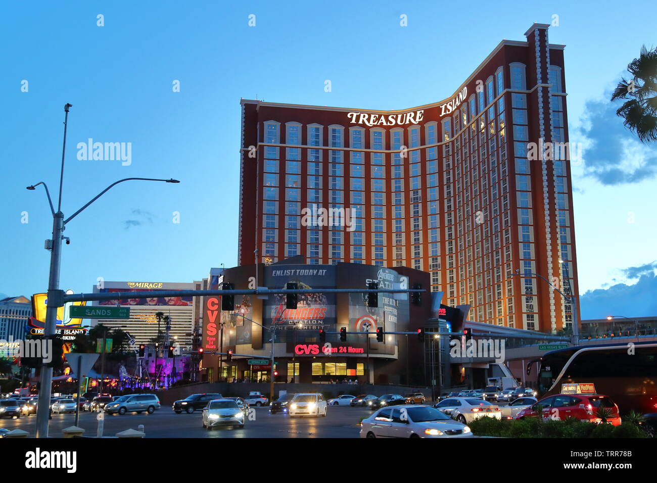 The Treasure Island hotel and casino in the evening in Las Vegas, Nevada, USA Stock Photo