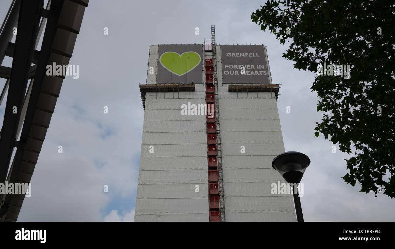 London, UK, 11th June 2019 Daytime. Grenfell Tower, Scene of the disastrous fatal fire on the week of the second anniversary. Stock Photo
