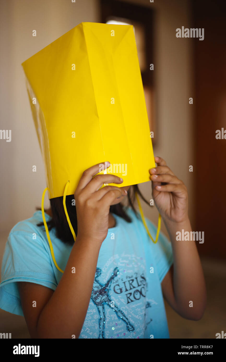 Girl with a paper bag on her head Stock Photo Alamy