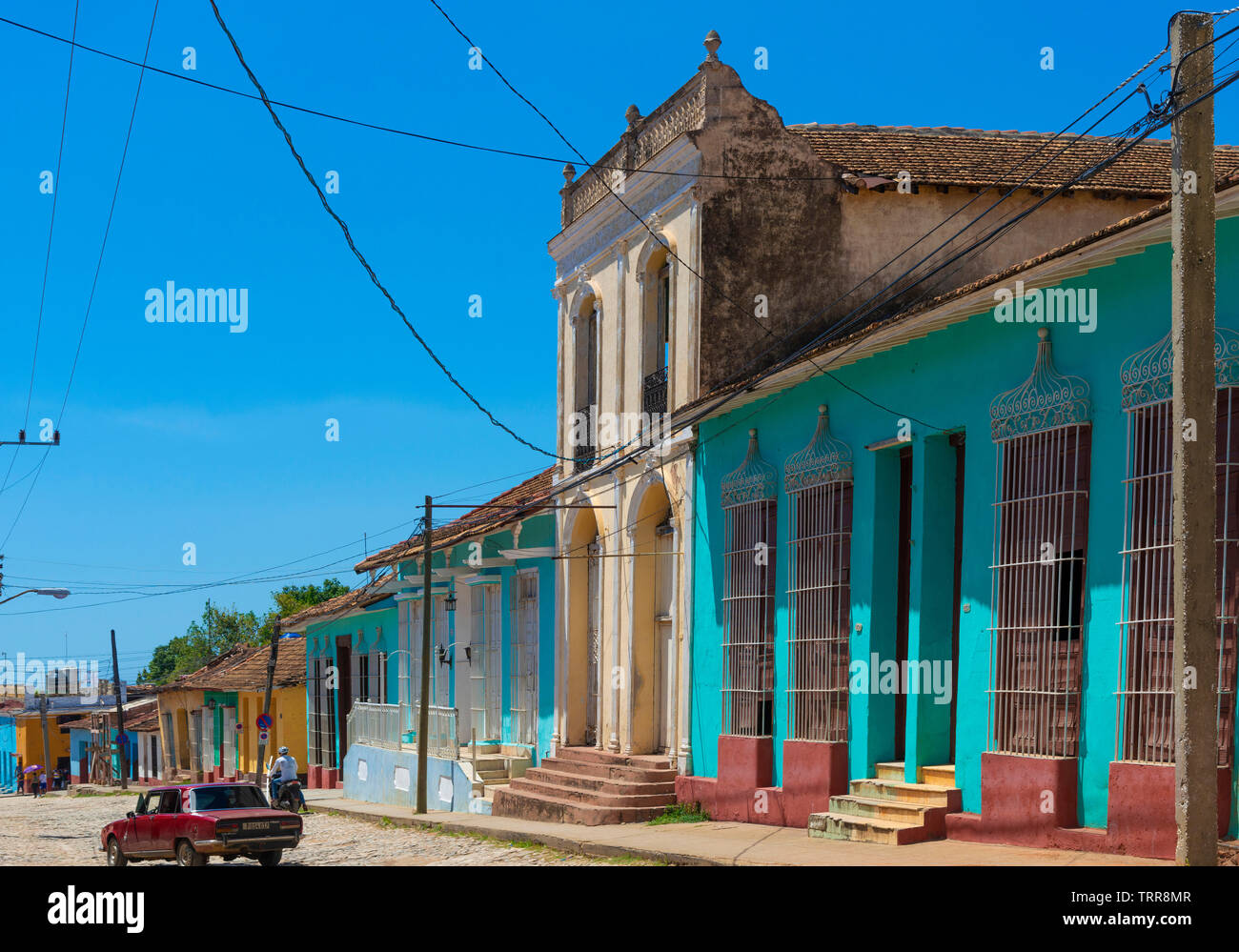 One of the colourful main streets in the town of Trinidad, Sancti Spiritus Province, Cuba, Caribbean Stock Photo