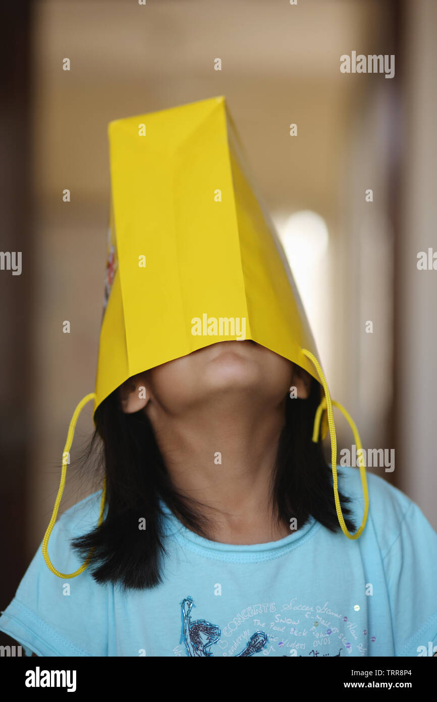 Girl with a paper bag on her head Stock Photo Alamy