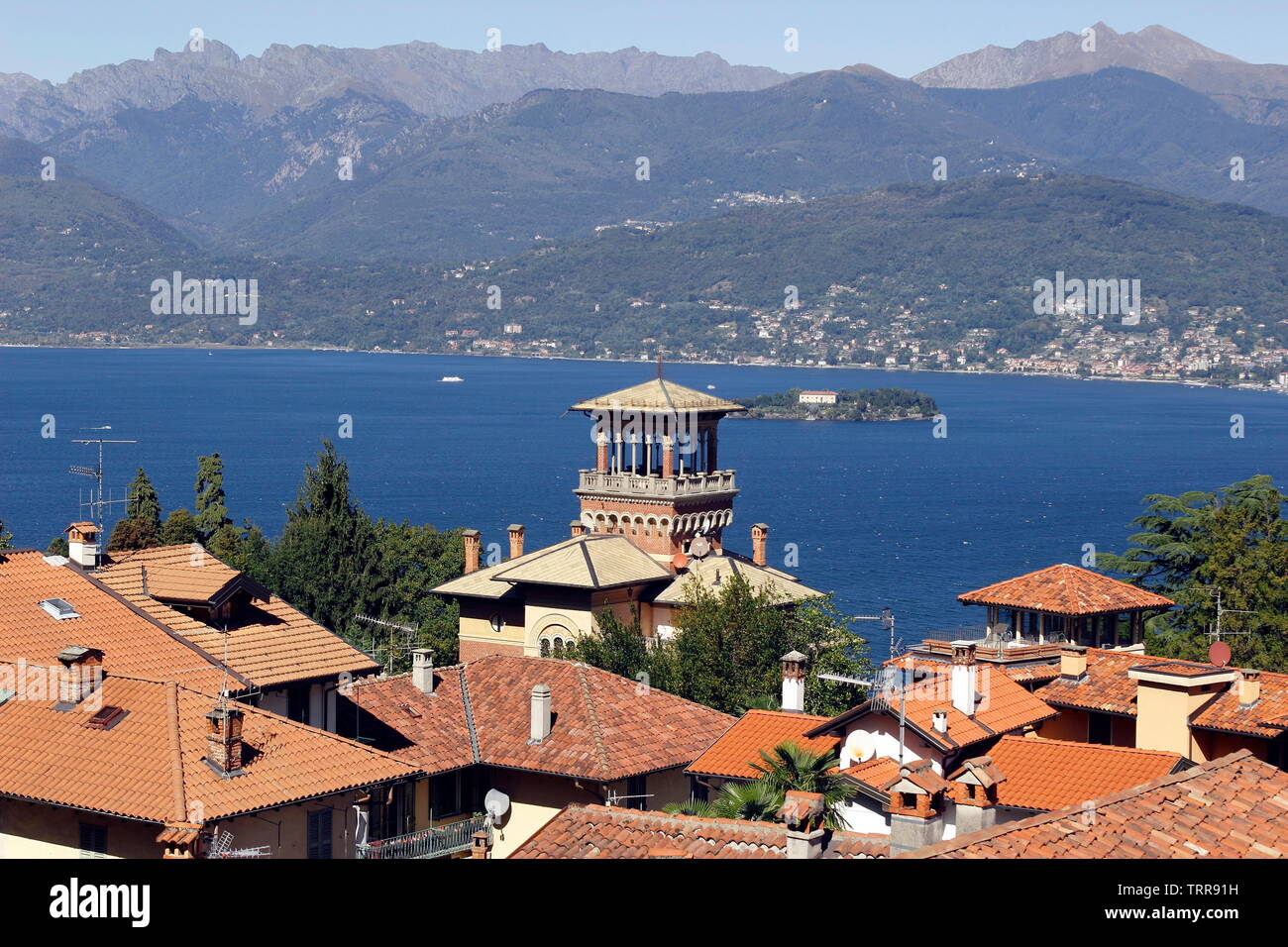 Italy Piedmont lakes area view of Lago Maggiore Swiss Italian Alps tile roofs above Stresa Stock Photo
