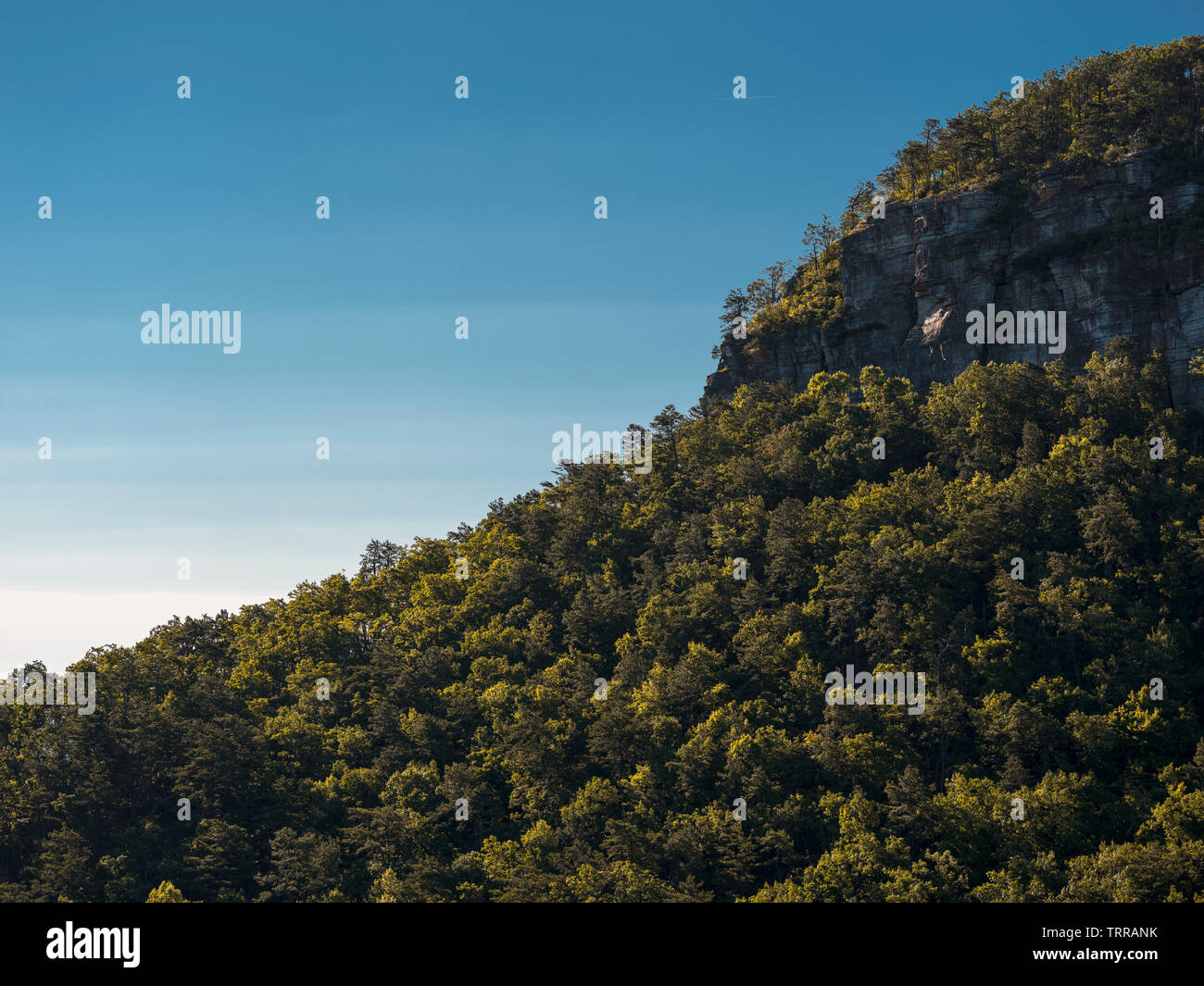 View of main pinnacle (knob) at Pilot Mountain State Park, North Carolina on a clear summer morning. Landscape photography in NC Stock Photo