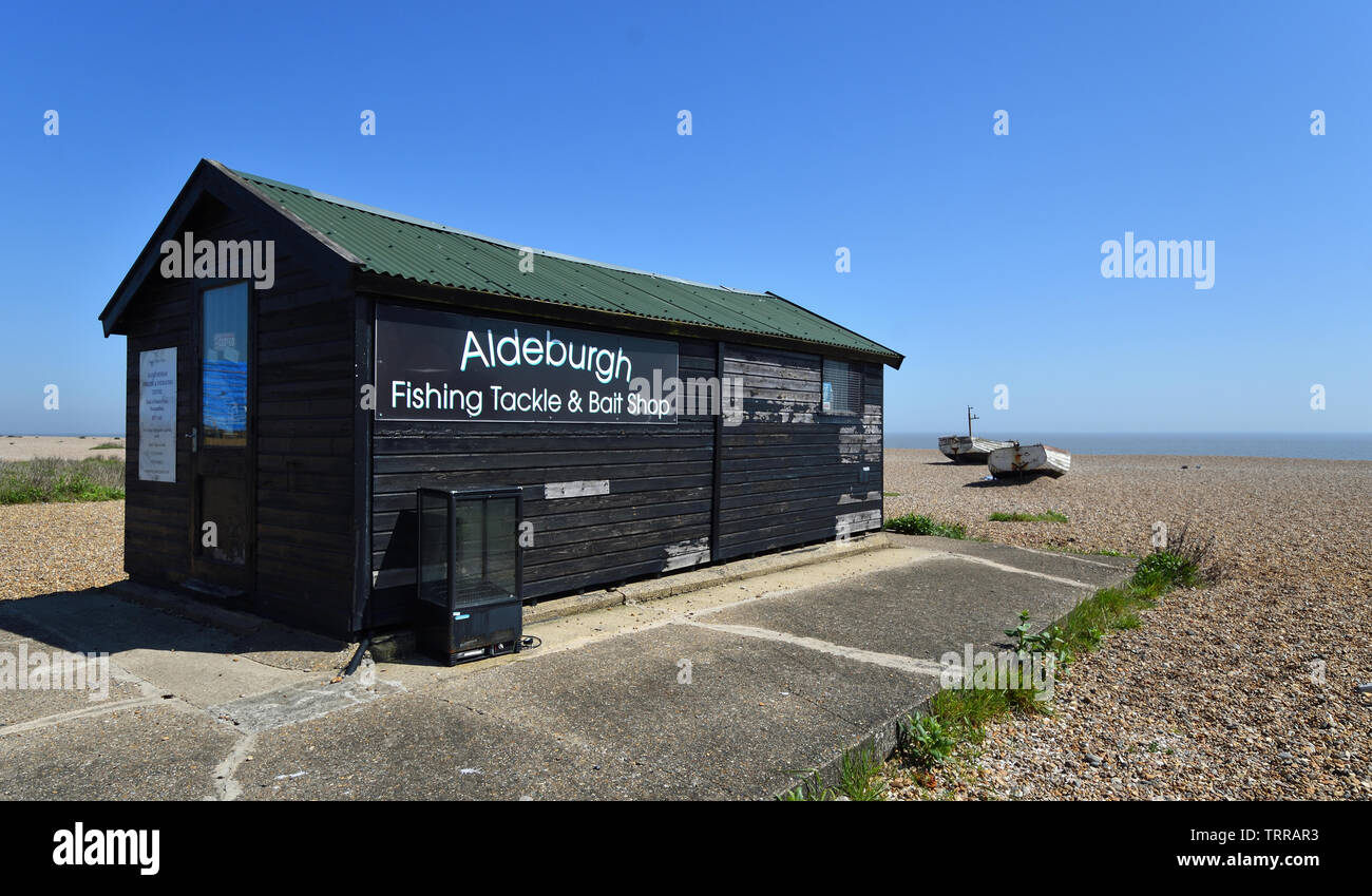 Aldeburgh Fishing tackle and bait shop on Aldeburgh Beach Suffolk. Stock Photo
