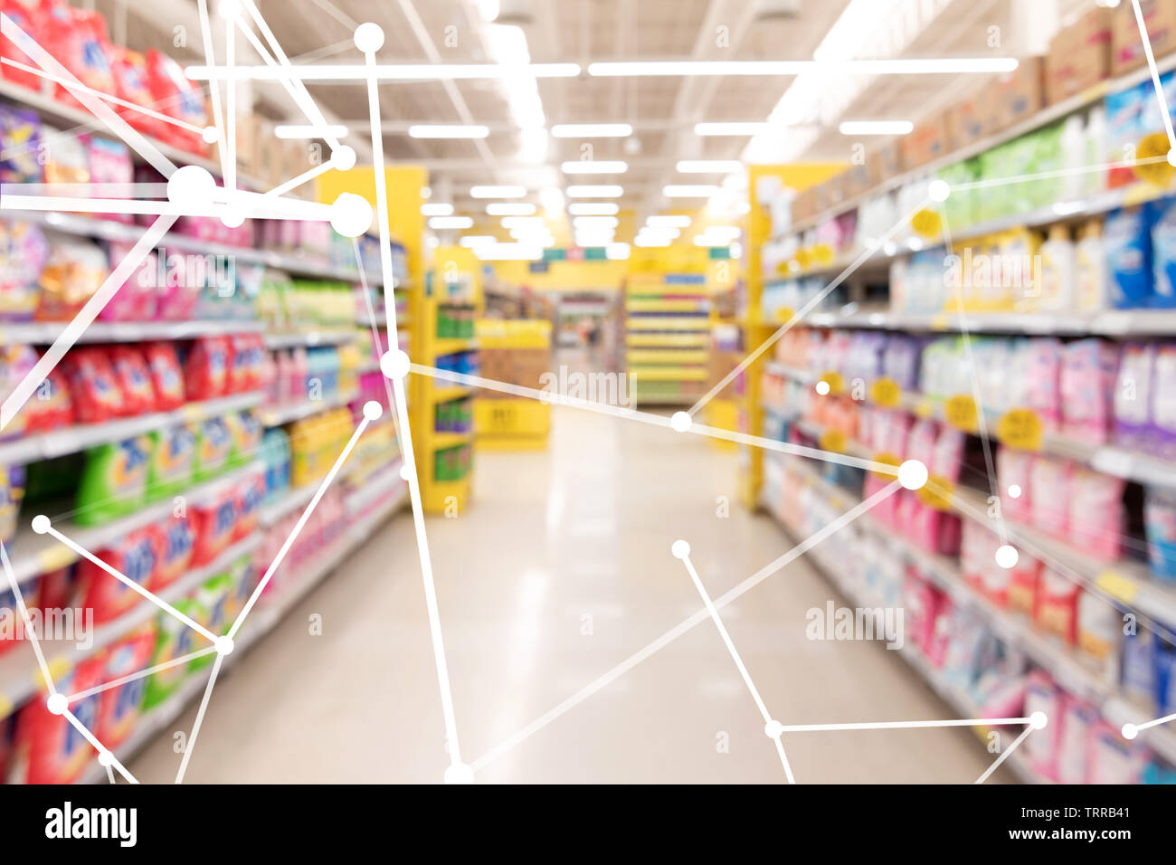 Smart retail , deep learning , neural networks technology and marketing concept. Disruption artificial intelligence atoms connect with retail shop sup Stock Photo