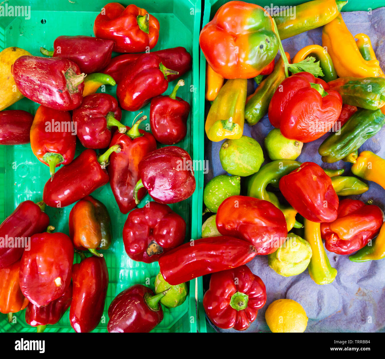 Red Peppers on market stall in Spain Stock Photo