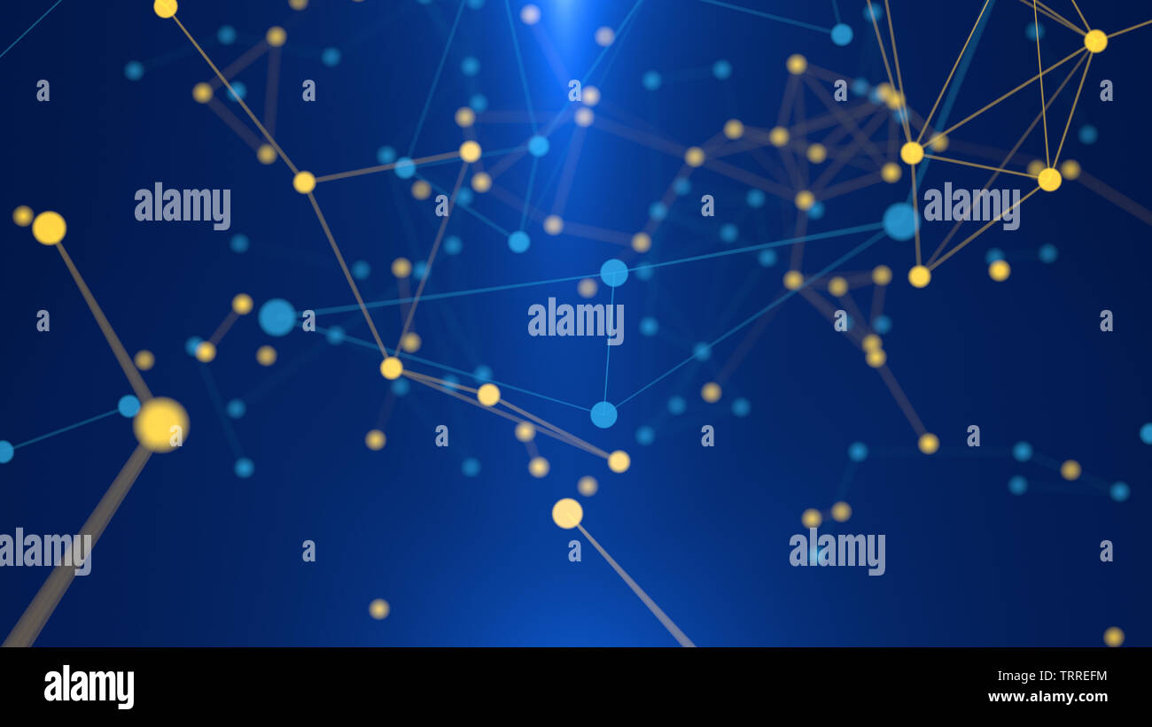 Digital abstract Network of blue and yellow lines and connected dots. 3d render Stock Photo