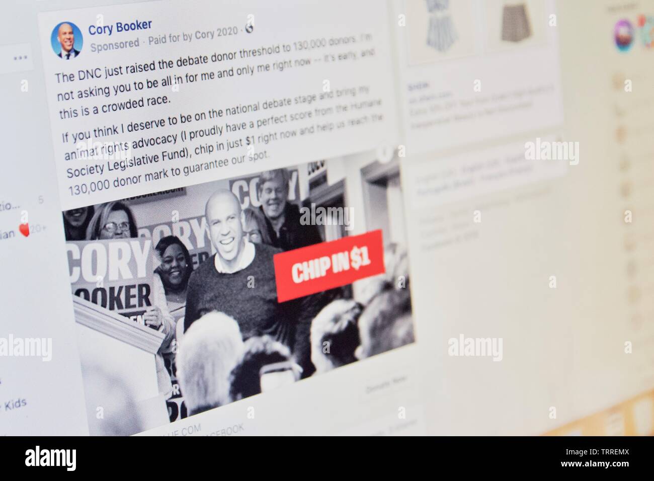 Sponsored Facebook political advertisement for Democrats candidate Cory Booker Stock Photo