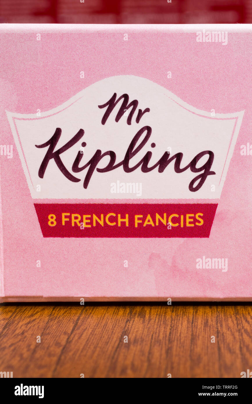 London, UK - June 11th 2019: Close-up of the famous Mr. Kipling brand logo on the packaging of one of their food products. Stock Photo