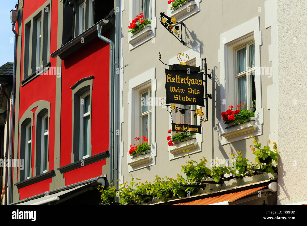 Traditional enammeled Bier Garten signs in Bernkastel Kues on the