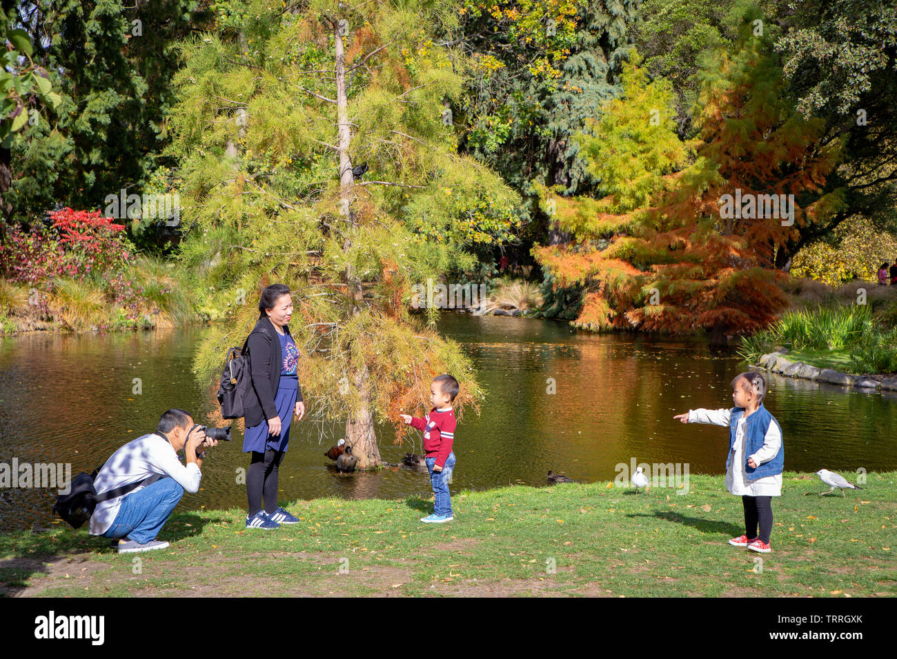 Christchurch, Canterbury, New Zealand April 27 2019: Families explore and play in the Botanic Gardens in the Christchurch city centre Stock Photo
