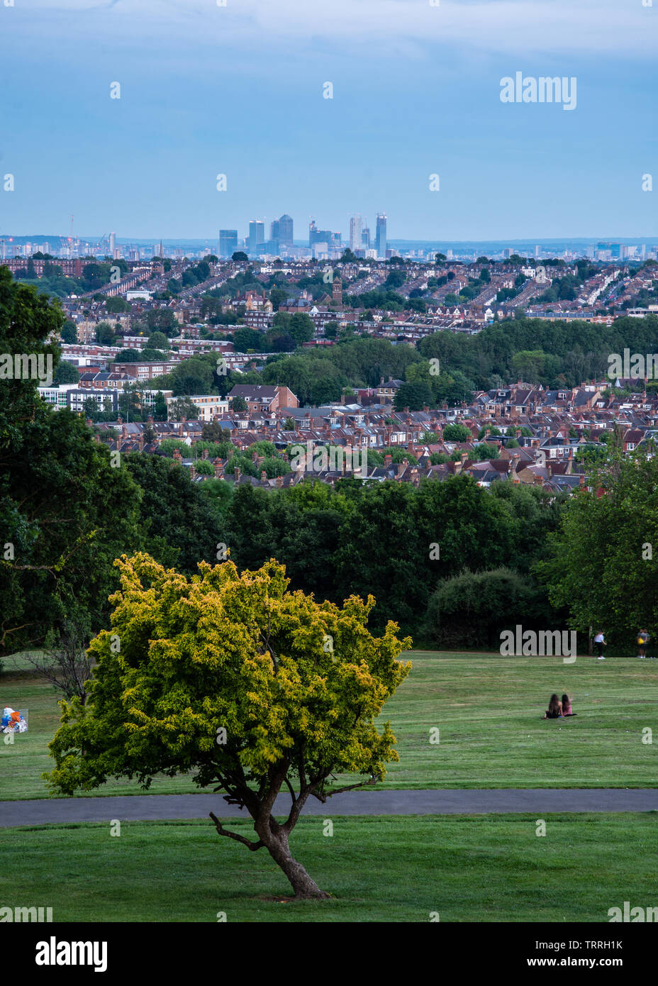 London, England, UK - June 1, 2019: People sit in Alexandra Palace Park as dusk falls over the suburbs and skyline of London. Stock Photo