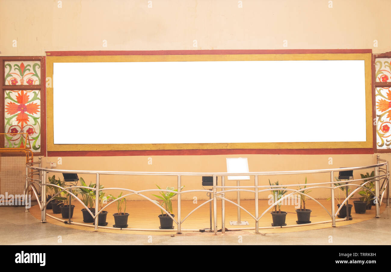 A Big White Billboard on Wall at Museum. Stock Photo