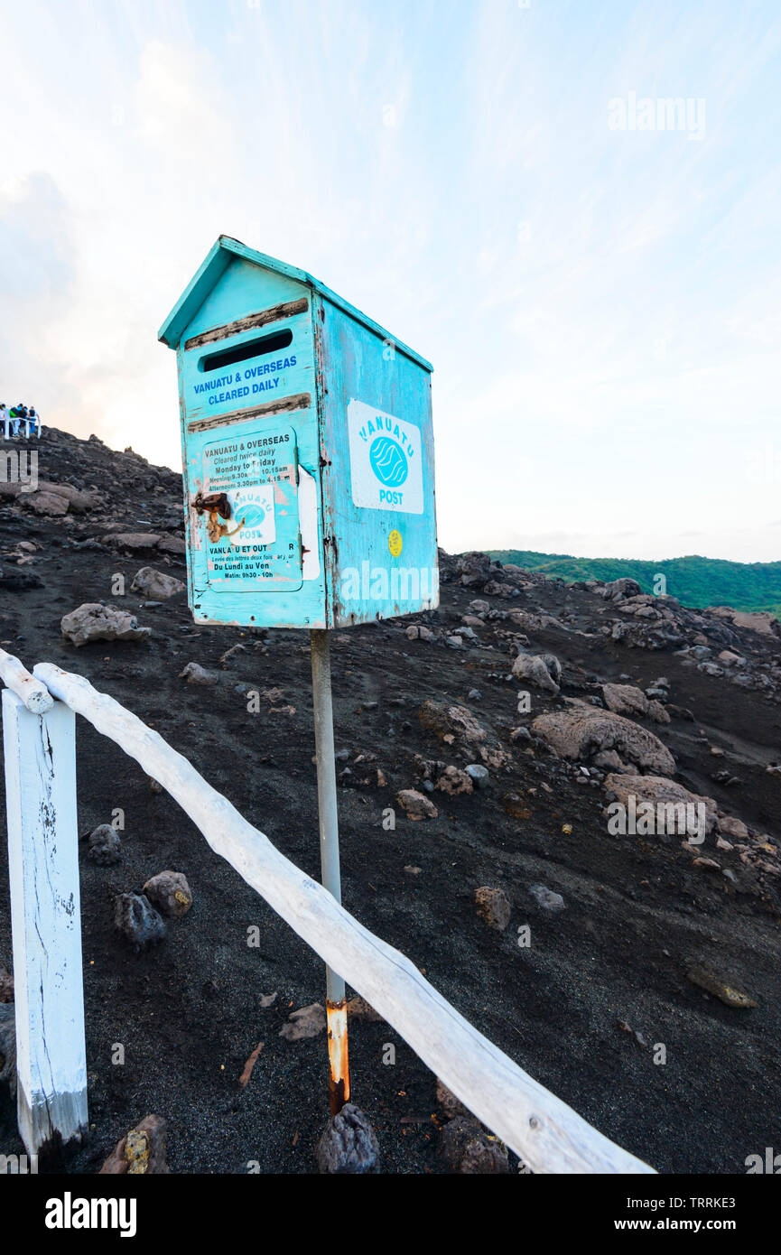 A Letterbox on Mt Yasur Volcano is the world only active volcano Post, Tanna Island, Vanuatu, Melanesia Stock Photo