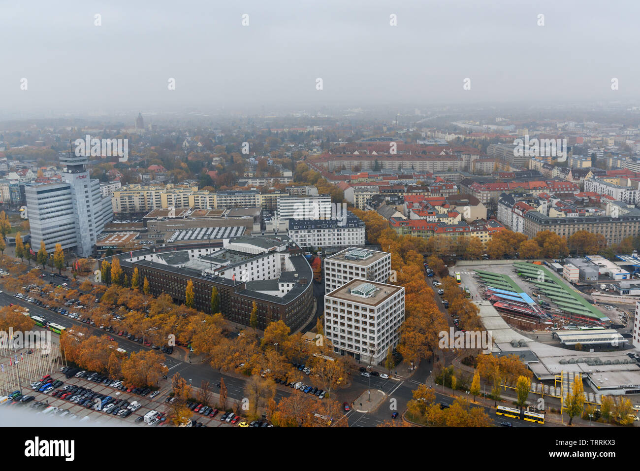 Areal view of Berlin from Funkturm fog in the autumn. Germany Stock Photo