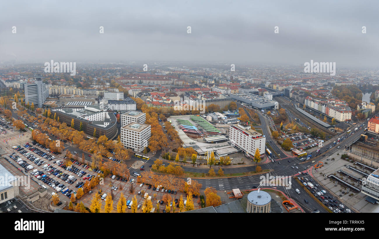 Areal view of Berlin from Funkturm fog in the autumn. Germany Stock Photo