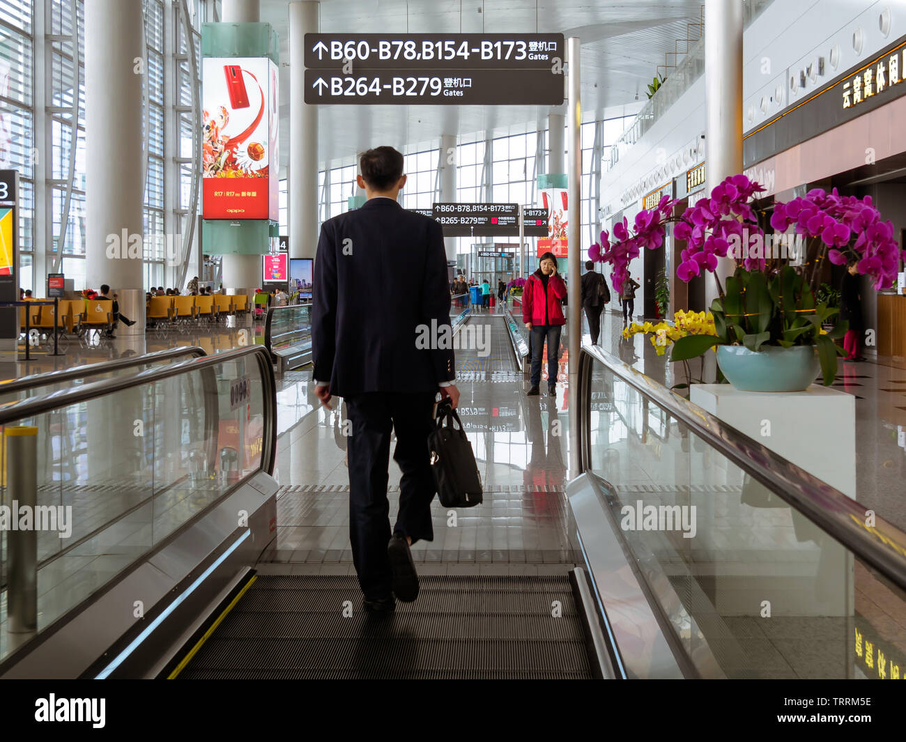 BAIYUN, GUANGZHOU, CHINA - 10 MAR 2019 – Back view of a traveller in business suit walking towards his boarding gate at Baiyun International Airport. Stock Photo