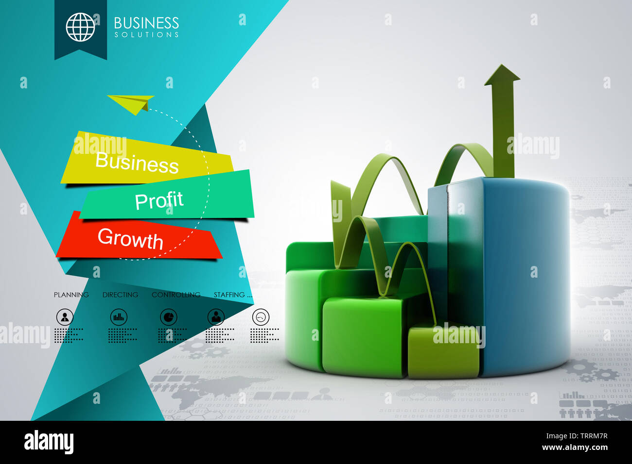 finance pie and bar chart graphs with growing arrow Stock Photo - Alamy