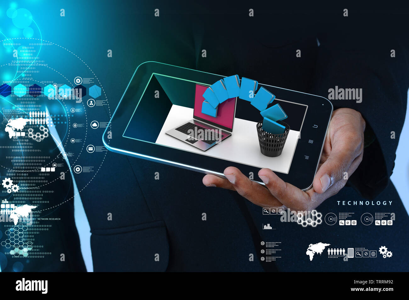 Smart hand showing tablet computer with file transfer Stock Photo - Alamy