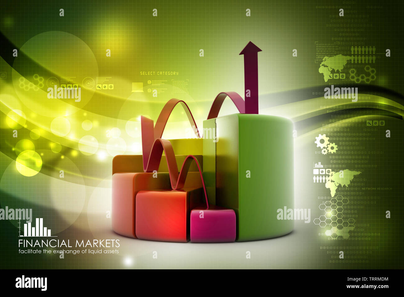 finance pie and bar chart graphs with growing arrow Stock Photo - Alamy