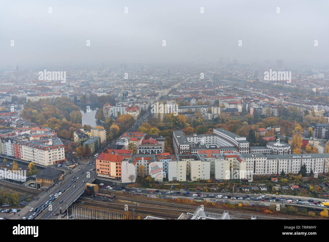 Berlin, Germany - November 08, 2018: Areal view of Berlin from Funkturm fog in the autumn Stock Photo