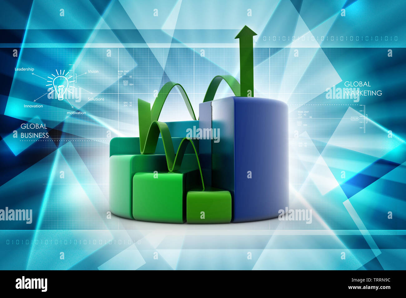 finance pie and bar chart graphs with growing arrow Stock Photo - Alamy