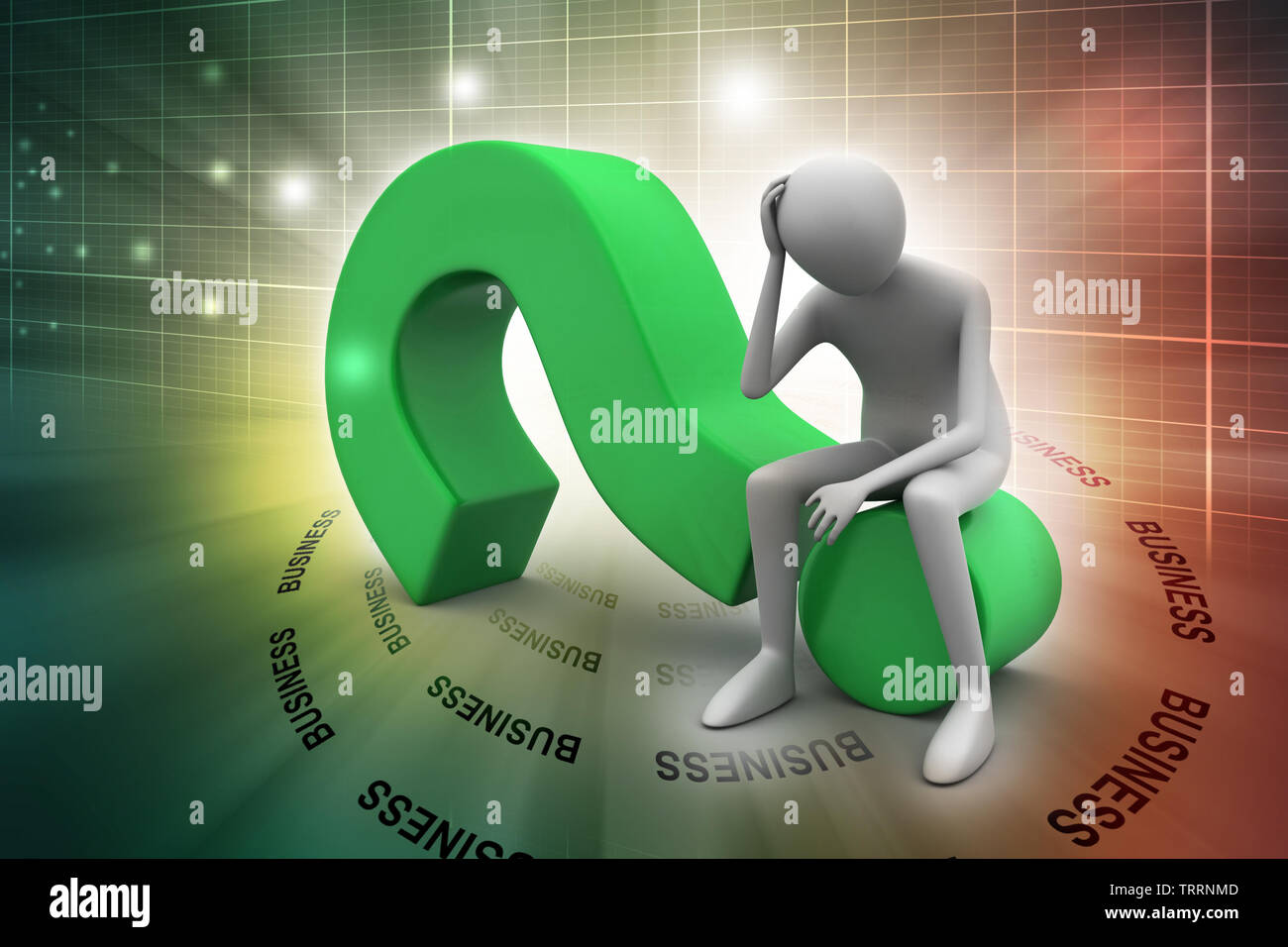 3d man sitting the question mark Stock Photo - Alamy