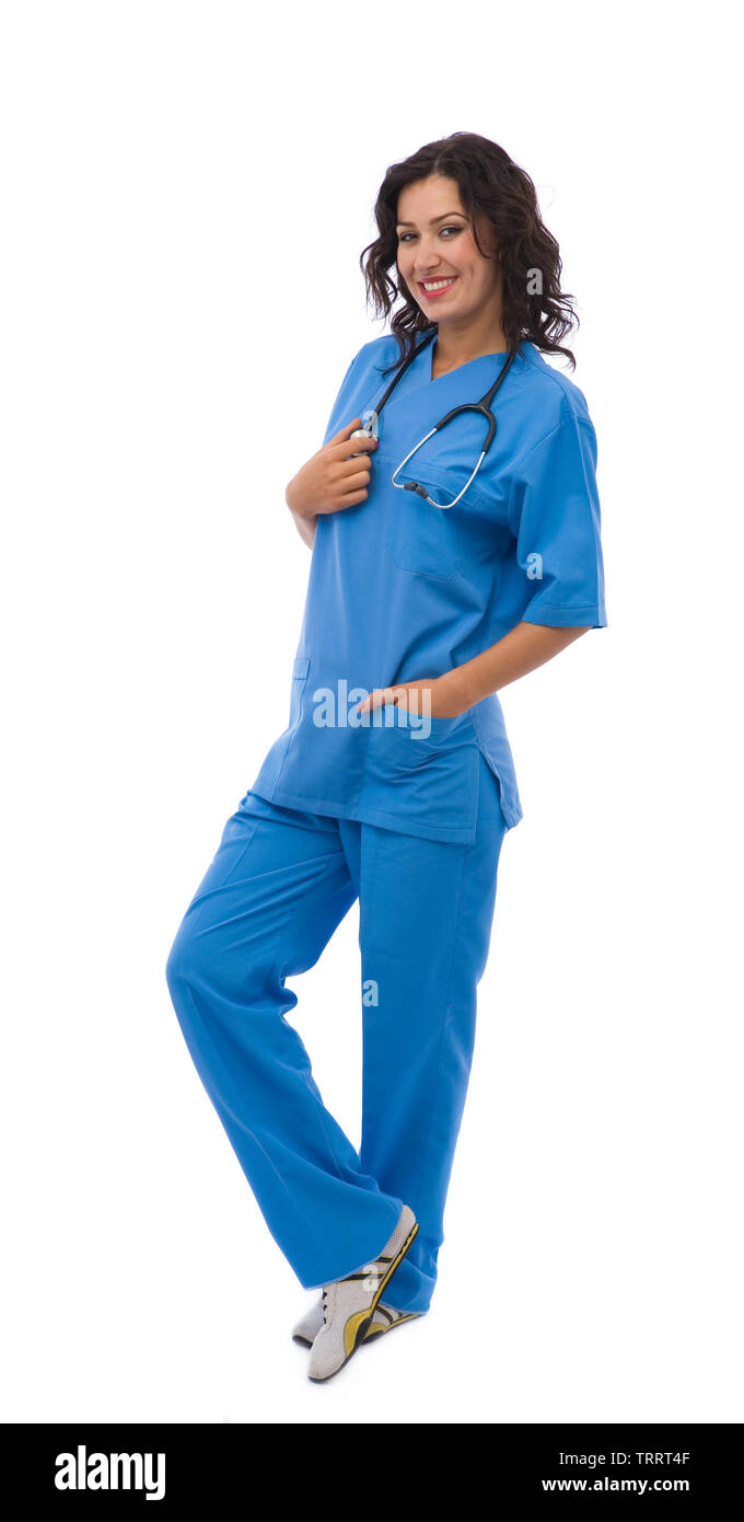 beautiful and happy doctor on white background Stock Photo - Alamy