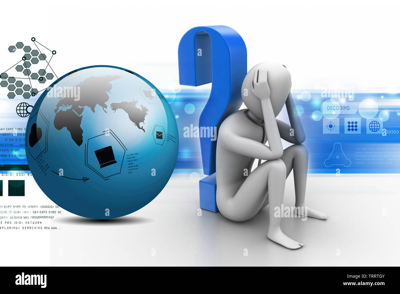 3d man sitting the question mark Stock Photo - Alamy