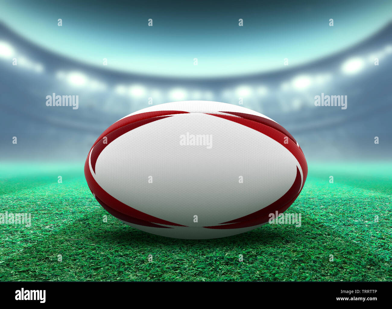 A reguar white rugby ball with red and blue design elements resting on a  stadium grass pitch at night under illuminated floodlights - 3D render  Stock Photo - Alamy