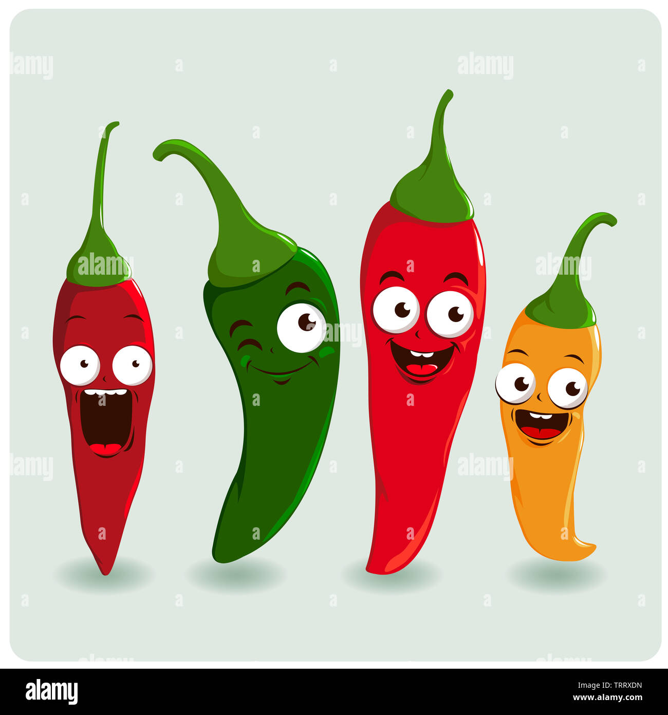 Four delicious and hot chili pepper characters in four colors:  red, green and yellow chili peppers. Stock Photo