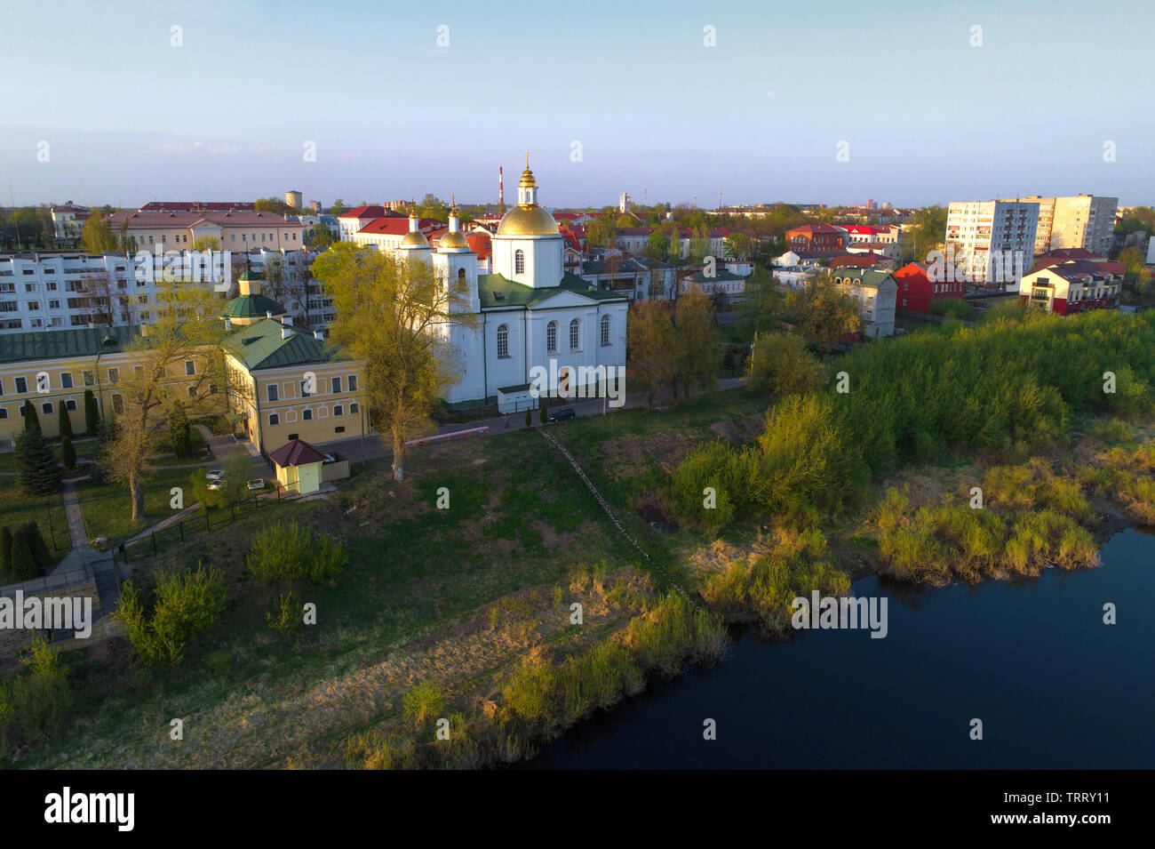 View of the Epiphany Cathedral on April evening (shooting from a quadrocopter). Polotsk, Belarus Stock Photo