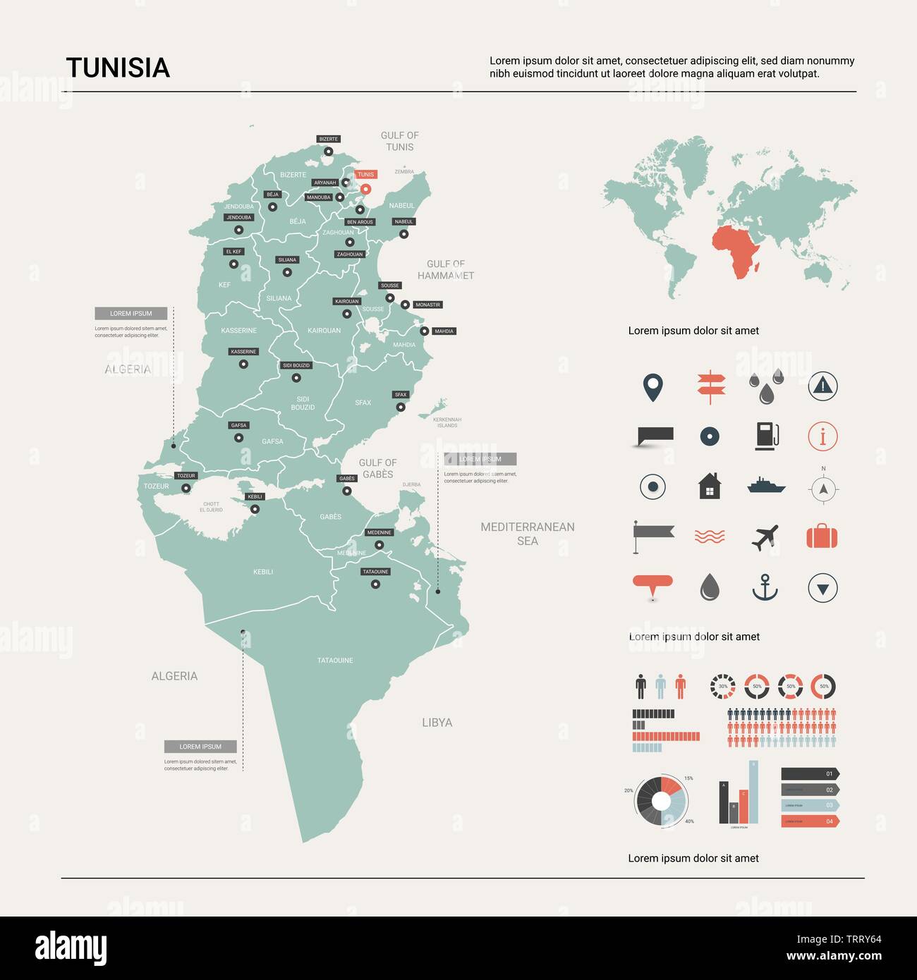 Vector map of Tunisia. Country map with division, cities and capital Tunis. Political map,  world map, infographic elements. Stock Vector