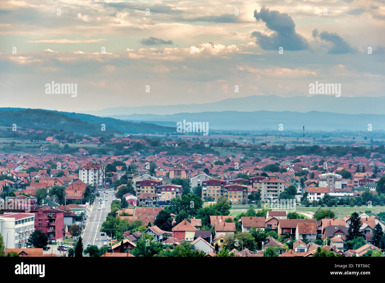 East side of the City of Paracin in central east Serbia seen from the hill called Karadjordjevo Brdo. Stock Photo