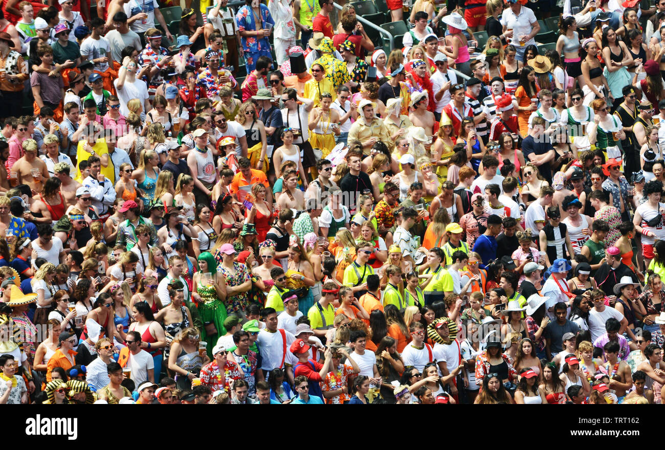 The vibrant south stand at the world Rugby Sevens series in Hong Kong. Stock Photo
