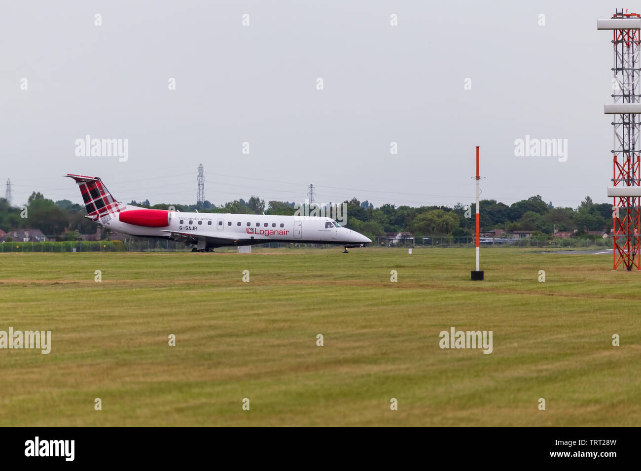 Loganiar Embraer ERJ135 Just after Landing at Southend Airport Stock Photo