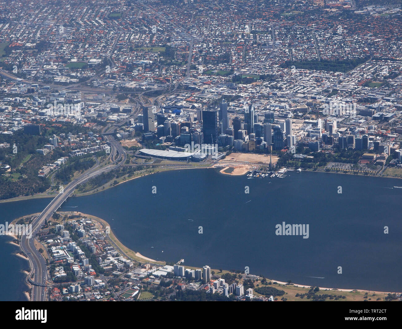 Aerial photography of Perth city with the Swan River and the Narrow