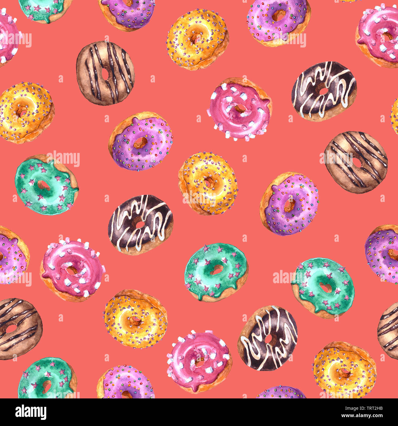 Set of watercolor hand drawn sketch illustration of colorful glazed donuts isolated on coral color background. Seamless pattern Stock Photo