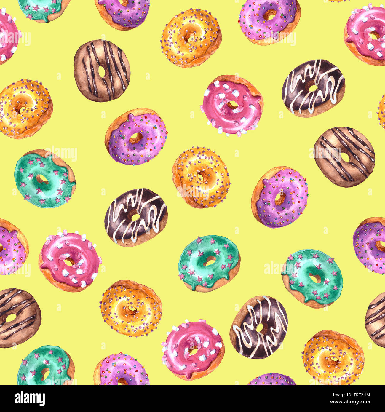 Set of watercolor hand drawn sketch illustration of colorful glazed donuts isolated on yellow background. Seamless pattern Stock Photo