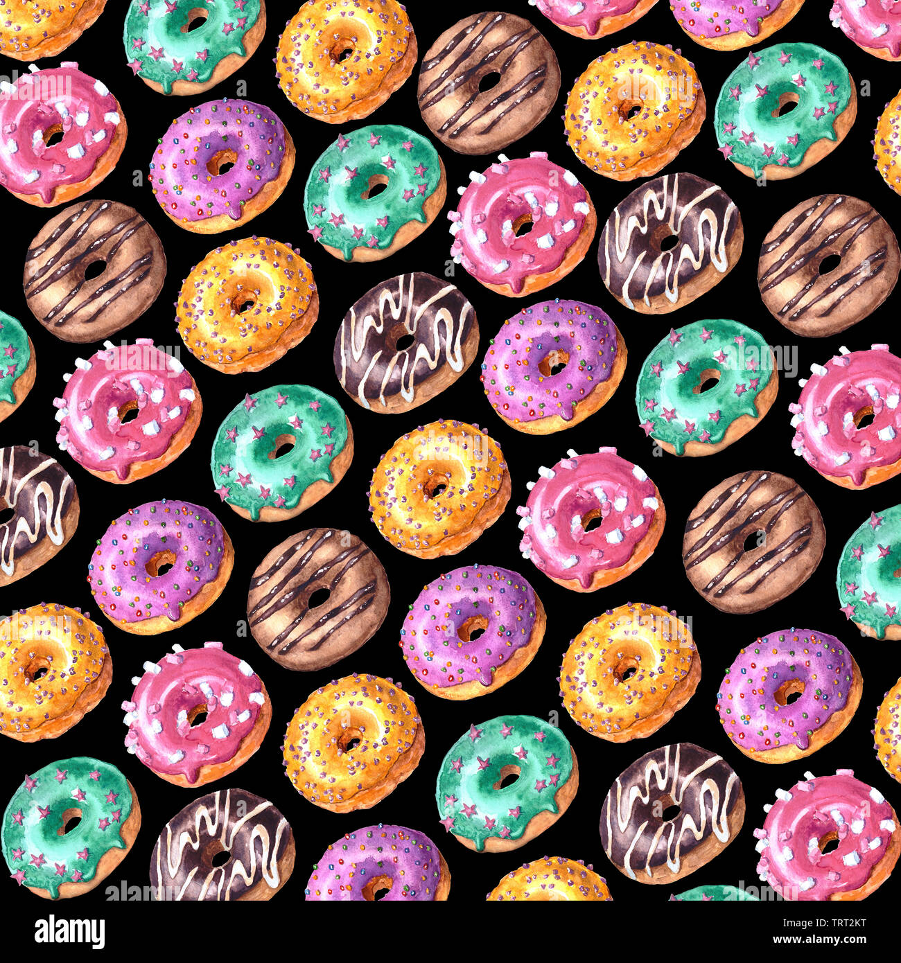 Watercolor hand drawn sketch illustration of colorful glazed donuts ...