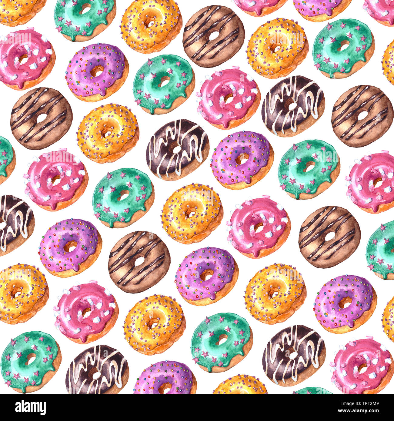 Watercolor hand drawn sketch illustration of colorful glazed donuts ...